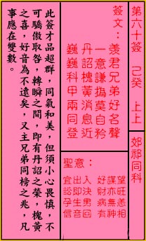 关帝灵签 第60签：上上 郊祁同科